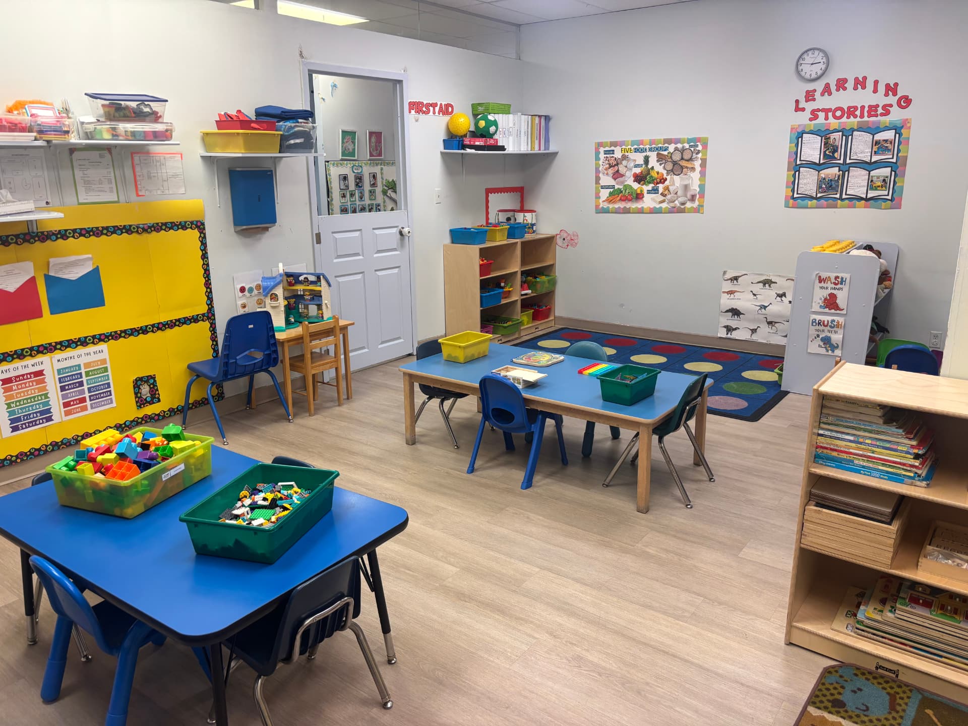 Building bricks, the calendar board and the book shelves